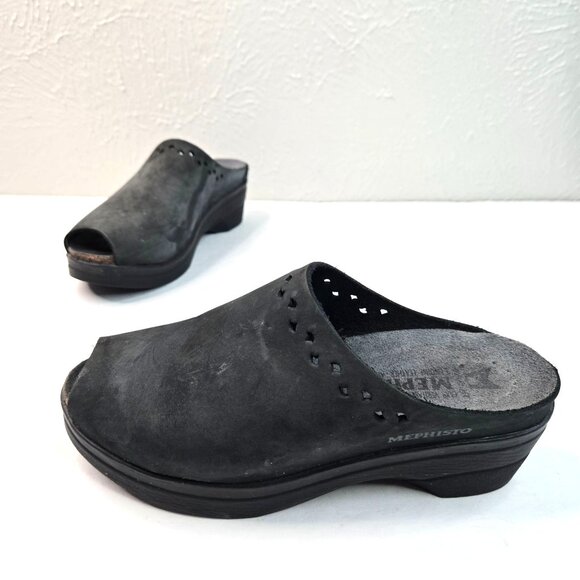 Mephisto Comfort Clog Shoes Size 7 Black Leather Slip On Platform Peep Toe Mules - Picture 1 of 11